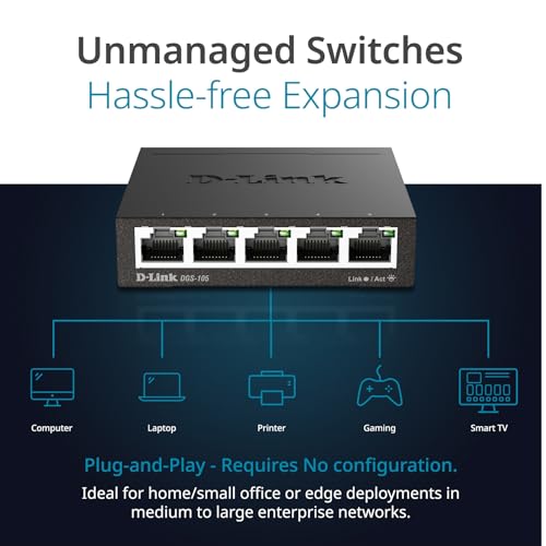 Ethernet Switch, 5 Port Gigabit Unmanaged Metal Desktop Plug And Play Compact (Dgs-105),Black