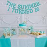 "Summer I Turned 16 Banner, Blue Glitter Sweet 16 & Beach Party Decorations"