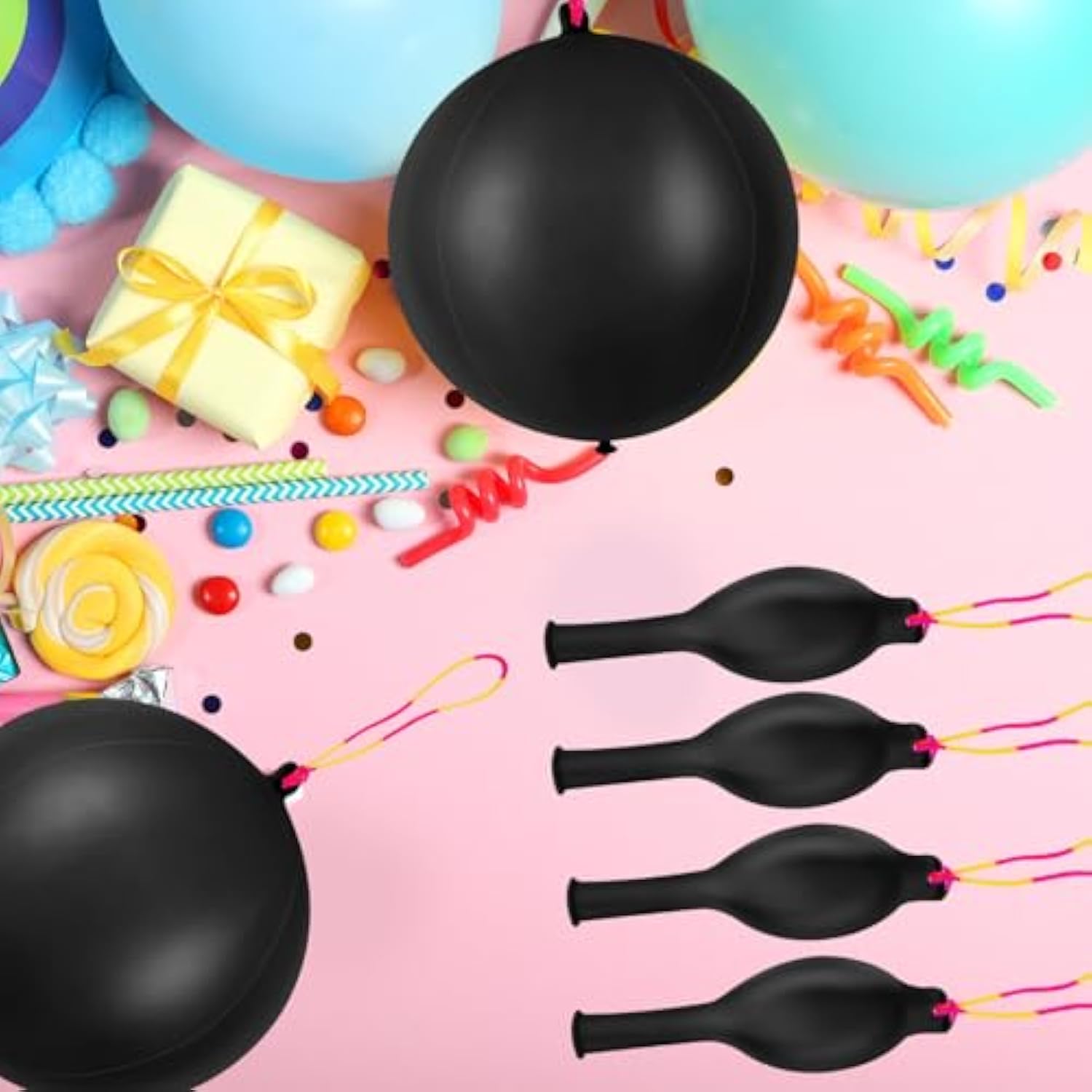 24Pcs Black Punch Balloons Bounce Balloon With Rubber Band Handle Punching Heavy Duty Farm Themed Punch For Birthday Party, Kids (Black)
