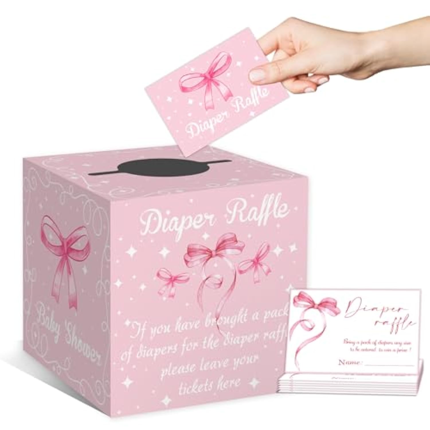 Pink Bow Diaper Raffle Baby Shower Game, Pink Bow Diaper Raffle Baby Shower Party Kit, Including 50 Pink Bow Diaper Raffle Tickets, Diaper Raffle Baby Shower Decor, Pink Bow Raffle Game Box