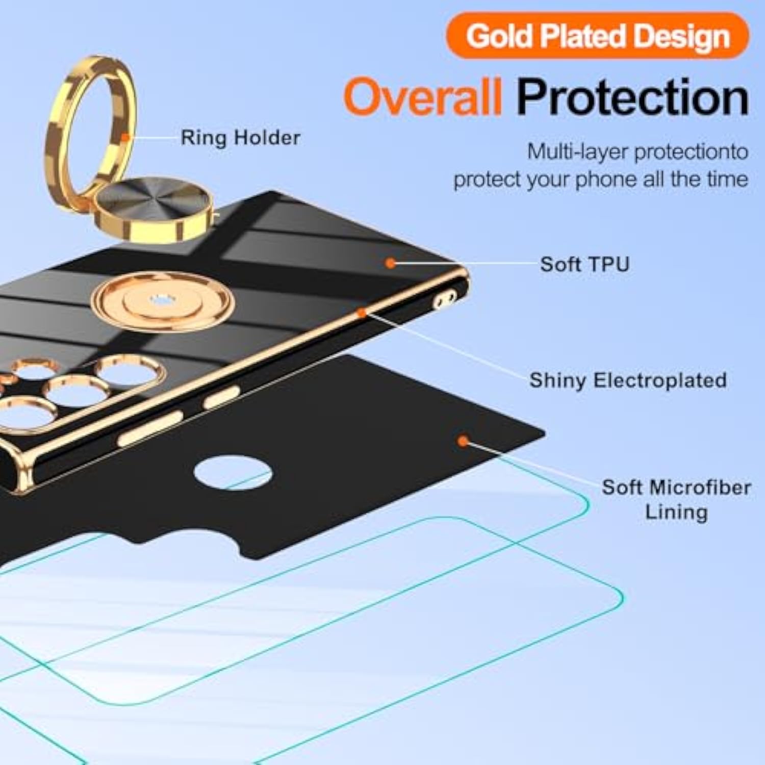 For Samsung Galaxy S22 Ultra Case: With 2Pcs Screen Protector, 360° Rotation Ring Holder Magnetic Kickstand, Plating Gold Edge Soft Tpu Shockproof Protective Cover For S22 Ultra, Black
