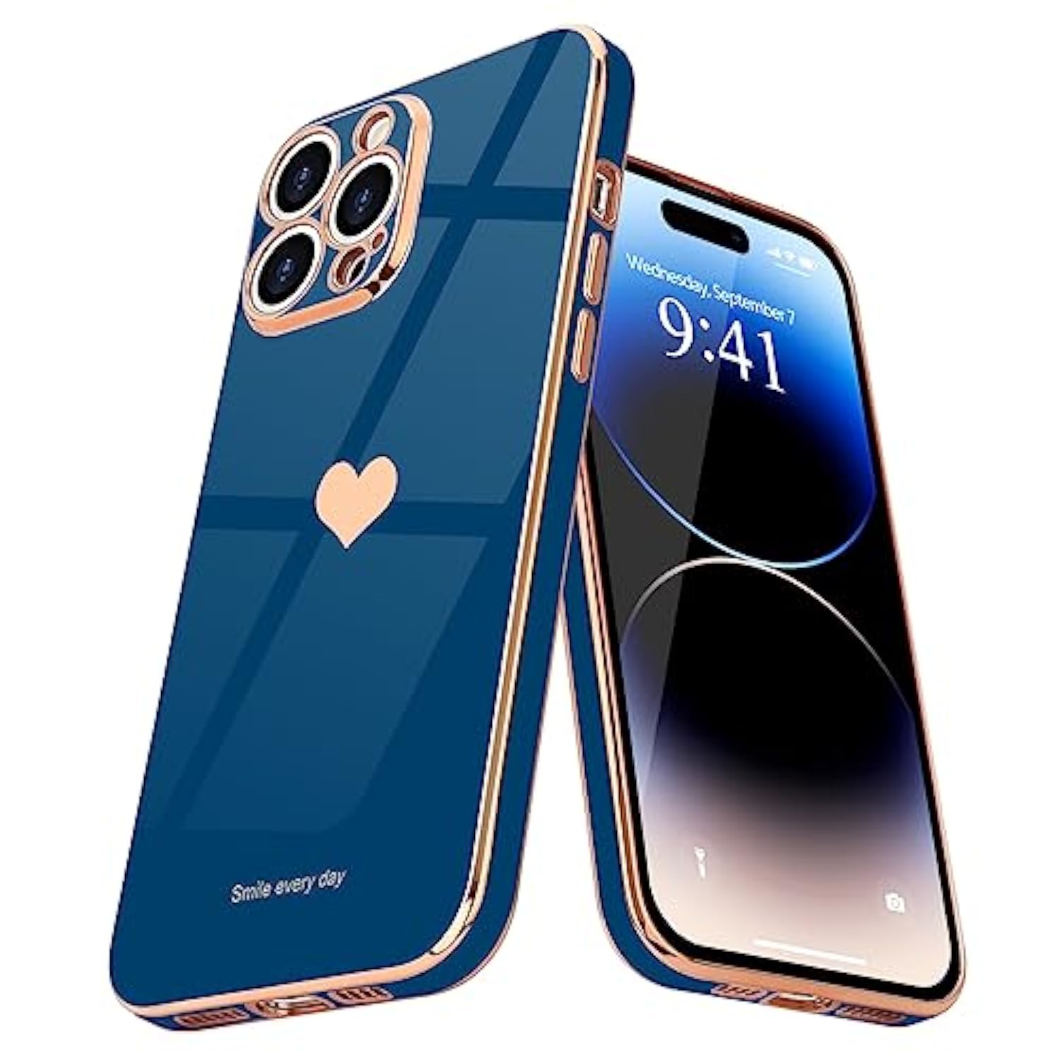 Compatible With Iphone 14 Pro Max Case For Girl Women Cute Love-Heart Luxury Bling Soft Cover Raised Camera Protection Bumper Silicone Shockproof Phone Case For Iphone 14 Pro Max, Royal Blue