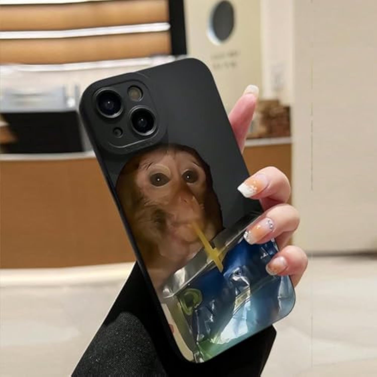 For Iphone12 13 14 15 16Pro Max Monkey Drinking Water Phone Case Silicone Tpu (Black, Ip 13)