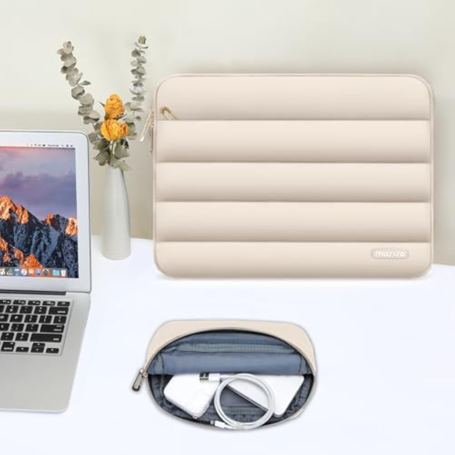 Mosiso 13-14 Inch Laptop Case, 13.3 Inch Puffy Laptop Sleeve Compatible With Air 13 13.6 M3 M2 M1/Pro 13/Pro 14, Hp, Dell, Asus, Lenovo, Polyester Horizontal Bag With Small Case, Sand