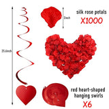 Valentine Day Party Supplies I Love You & Love-Bear Balloons Kit With 1000 Pcs Dark-Red Silk Rose Petals & Romantic Flower Decoration Red Heart Balloons Swirls For Wedding Decorations