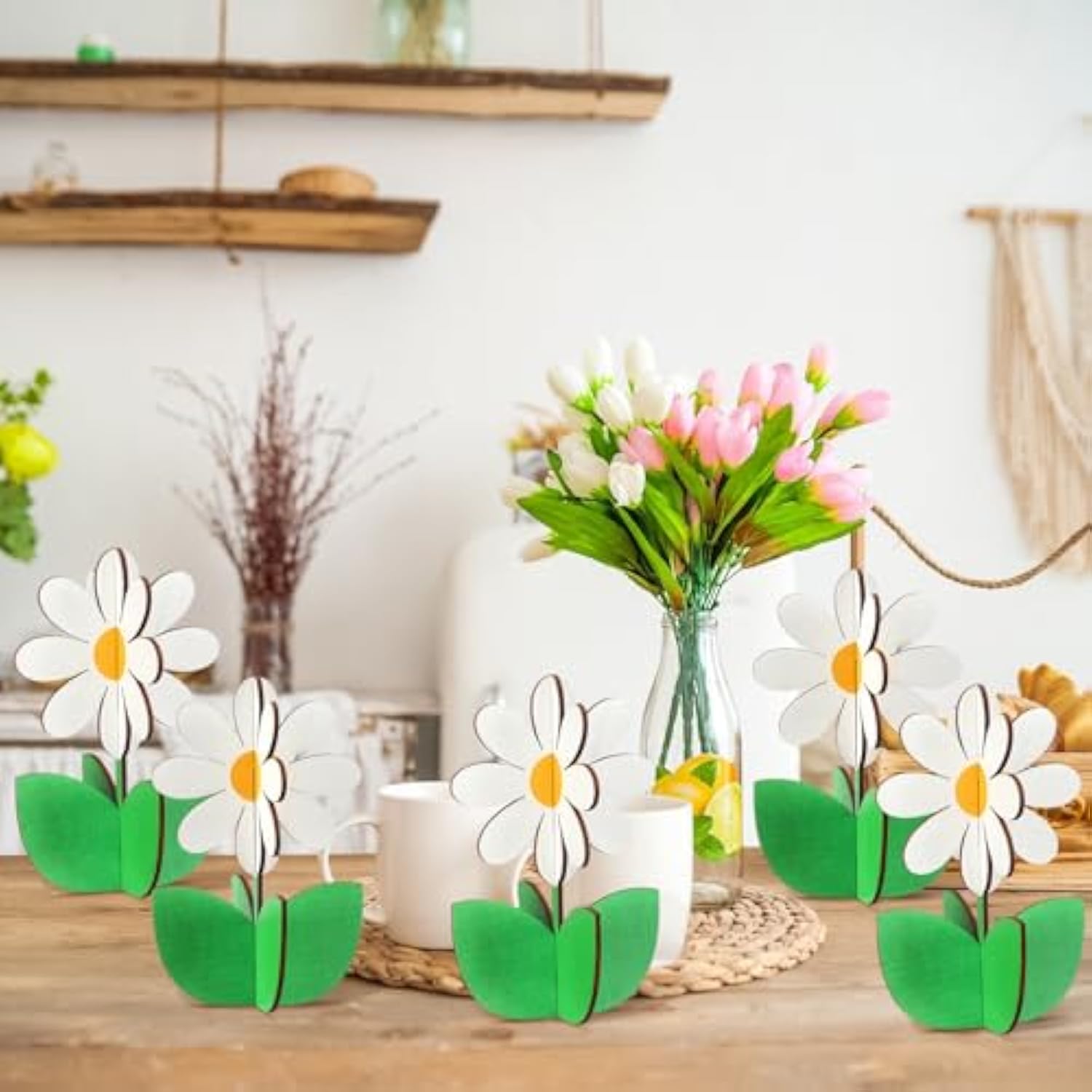 12 Pcs Spring Wood Signs Retro 3D Flowers Table Decoration Rustic Farmhouse Table Centerpiece Floral Block Tabletop Signs For Spring Home Tiered Tray Decor(White)