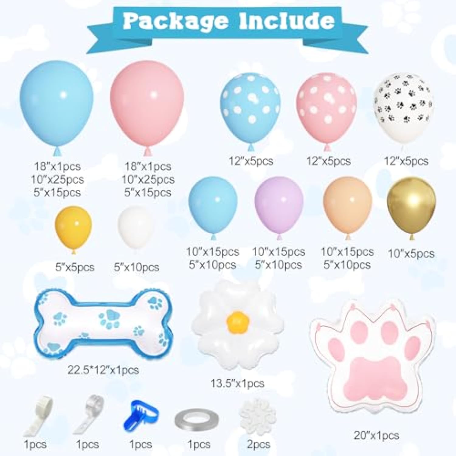 176Pcs Blue Balloon Garland Kit with Paw Bone Daisy Balloons for Puppy Party
