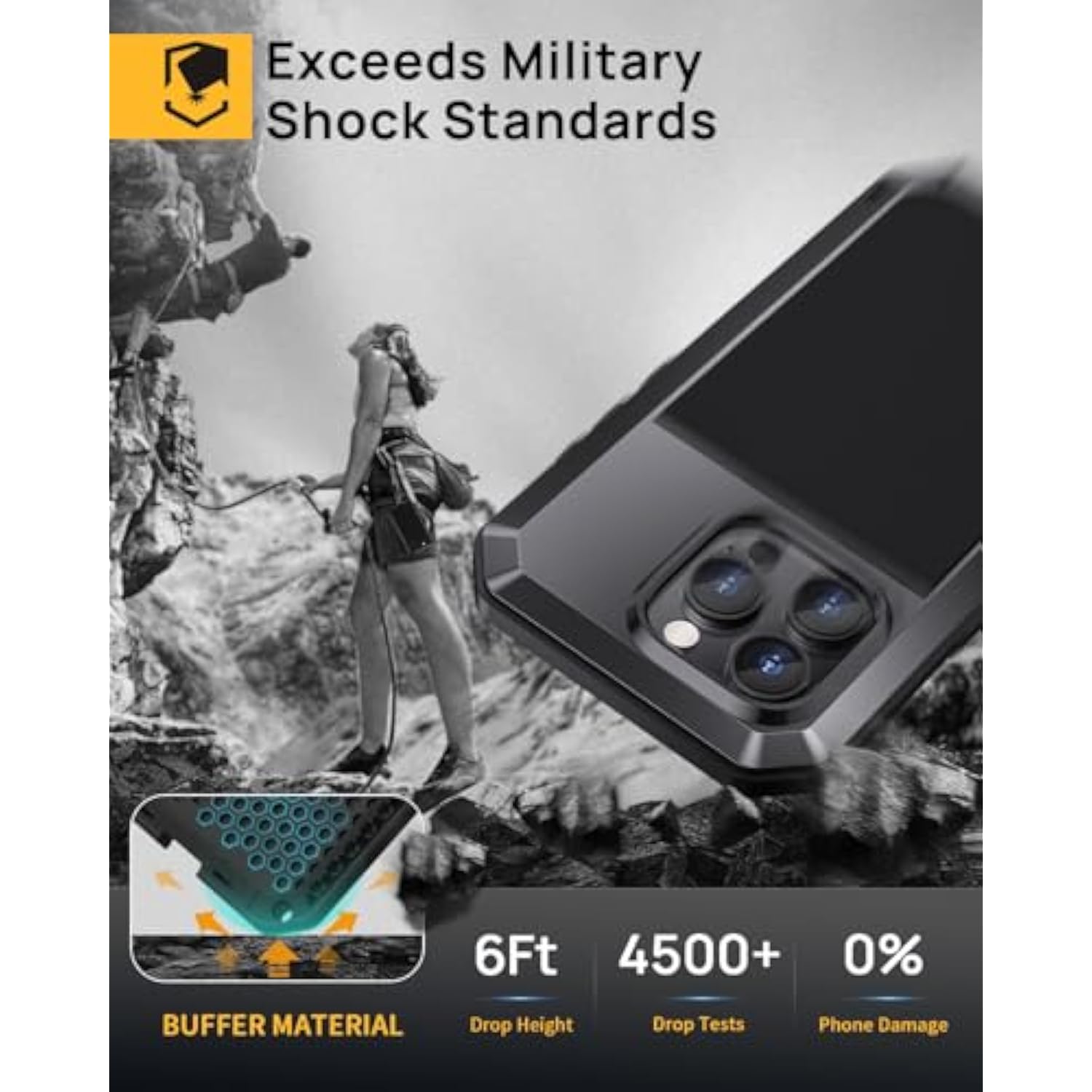 For Iphone 16 Pro Max Case, Metal Heavy Duty Shockproof Tough Rugged Case With Built-In Glass Screen Protector, 360 Full Body Dustproof Strong Protective Phone Case For 16 Pro Max 6.9", Black