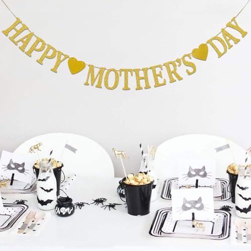 Happy Mother's Day Decorations Banner - NO DIY - Gold Glitter Mothers Day Party Supplies Decorations Backdrop for Mom Photo Props Photography