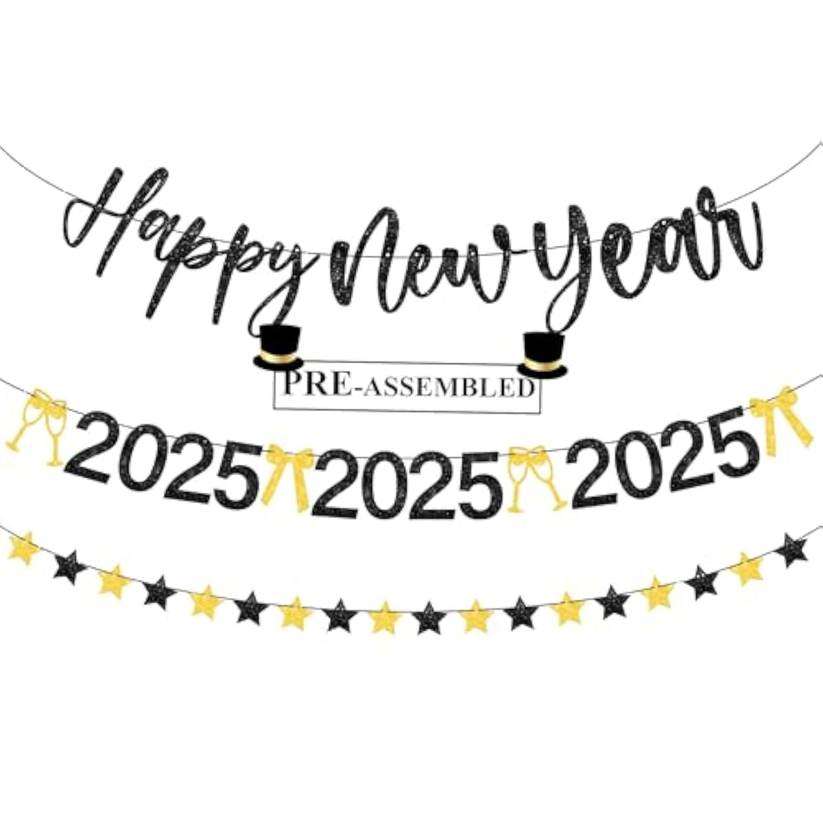 Glitter Happy New Year Banner - 10 Feet, 3 Strings, No Diy | Black And Gold 2025 Sign | New Years Eve Party Supplies And Decorations