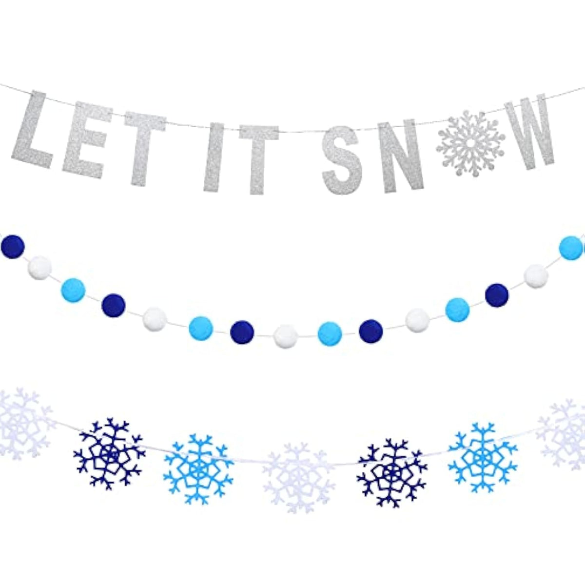 Silver Glitter Let It Snow Banner Winter Snowflake Garland Banner Wool Felt Ball Pom Pom Garland For Christmas Holiday Party Decorations