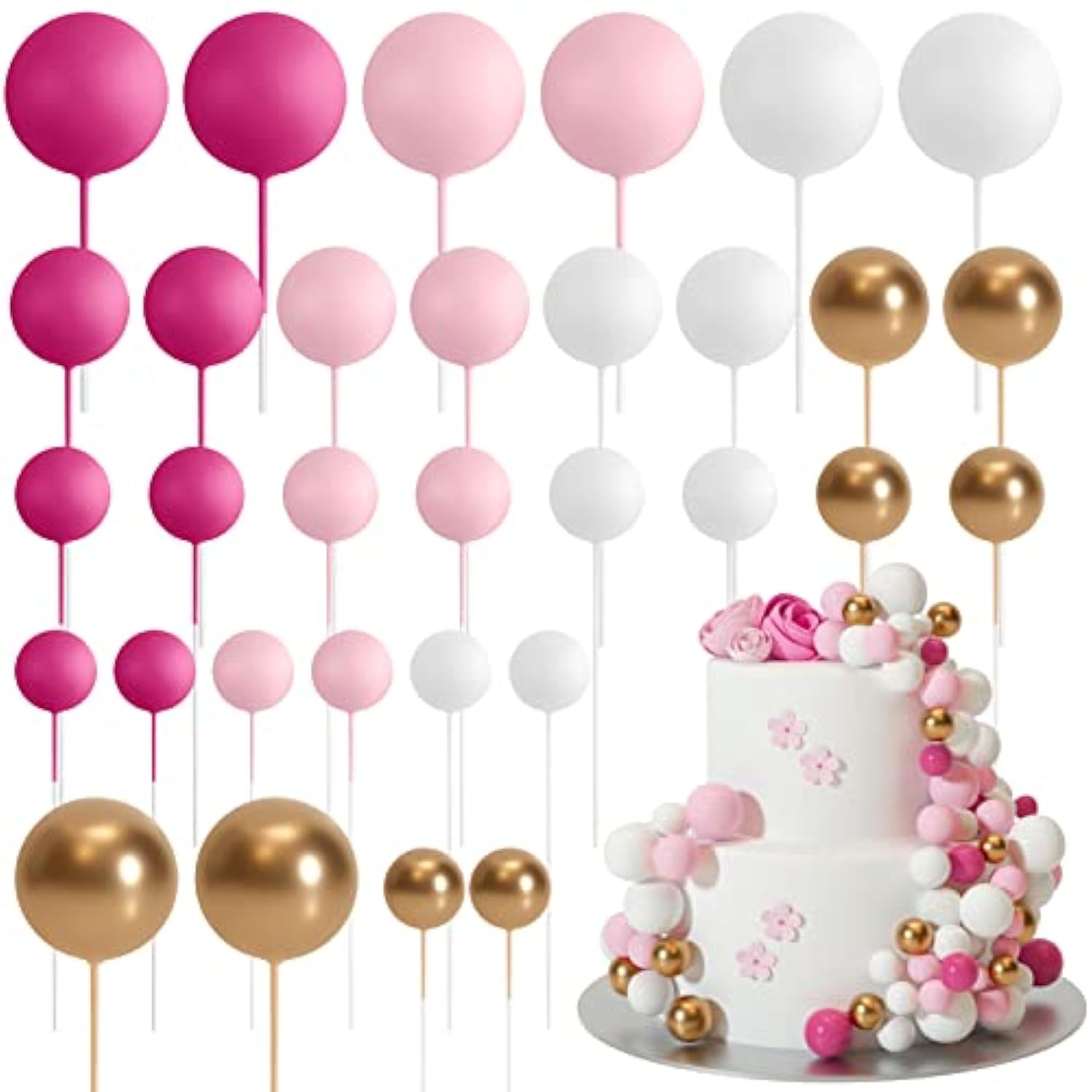 32 Pcs Ball Cake Topper Decorations Mini Balloons Cake Topper Sticks Foam Balls Cake Picks Cake Topper Balls Cake Decorations For Wedding Party Birthday Cake Decorating (Pink Gold)