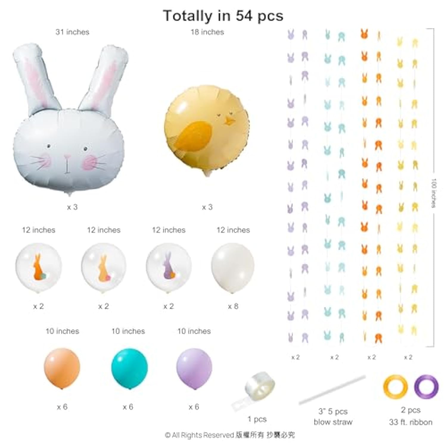 Easter Bunny Balloon Arch Cute Balloon Decorations Party Supplies Rabbit Pastel Foil Mylar Ornaments For Spring Baby Showers Kids' Birthdays Classroom Parties