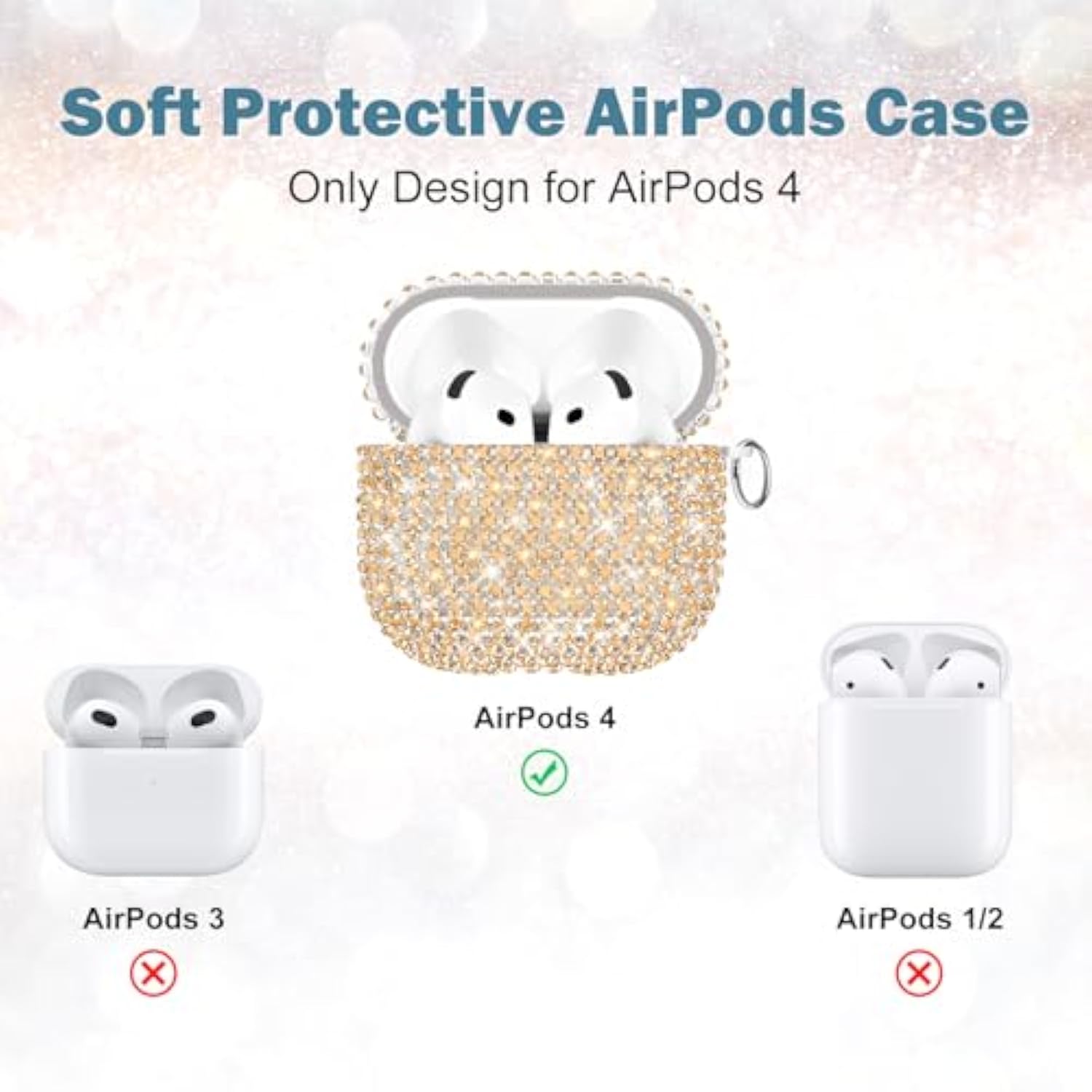 For Airpods 4 Generation Case, Luxury Sparkly Bling Rhinestone Case With Keychain For Women Girls Anti-Lost Glitter Crystal Hard Pc Shockproof Full Protective Cover For Airpods 4Th-Gold