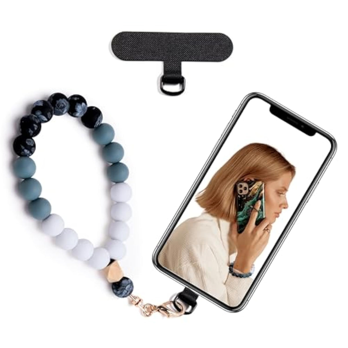 Silicone Beaded Phone Wrist Strap, Elastic Bracelet with Tether Tab, Black