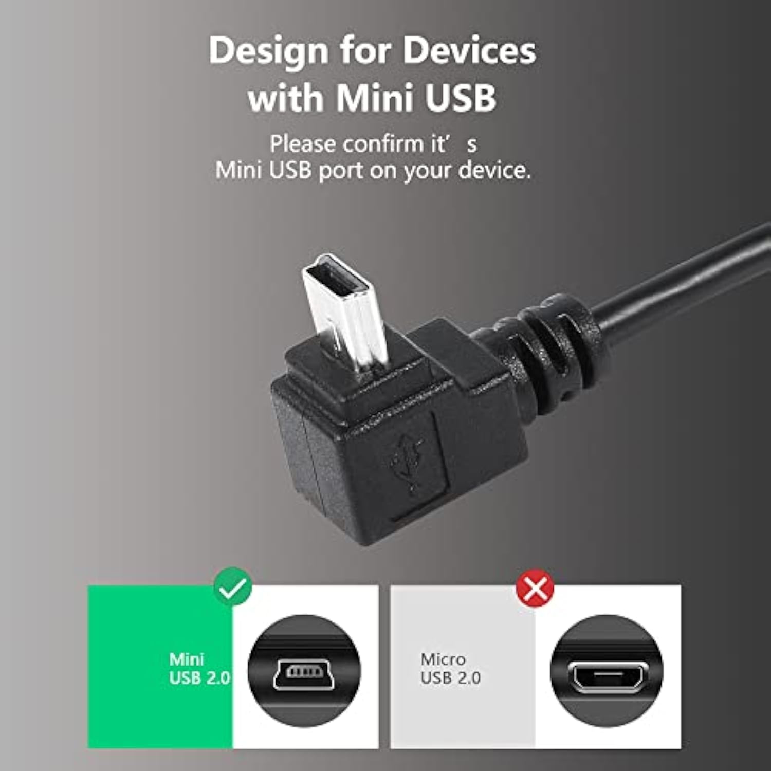 Dash Cam Power Cord, 9.8Ft 90 Degree Mini Usb Cable, Angle Mini Usb B Male To