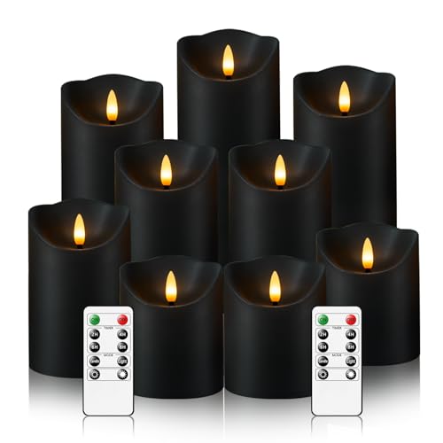 Flameless Candles with Remote, Battery Operated Flickering Flameless Candles, LED Candles with Timer 2/4/6/8H, with Realistic LED Candles Set of 9 (D3 x H 3" 4" 5" 6" 7") (Black)