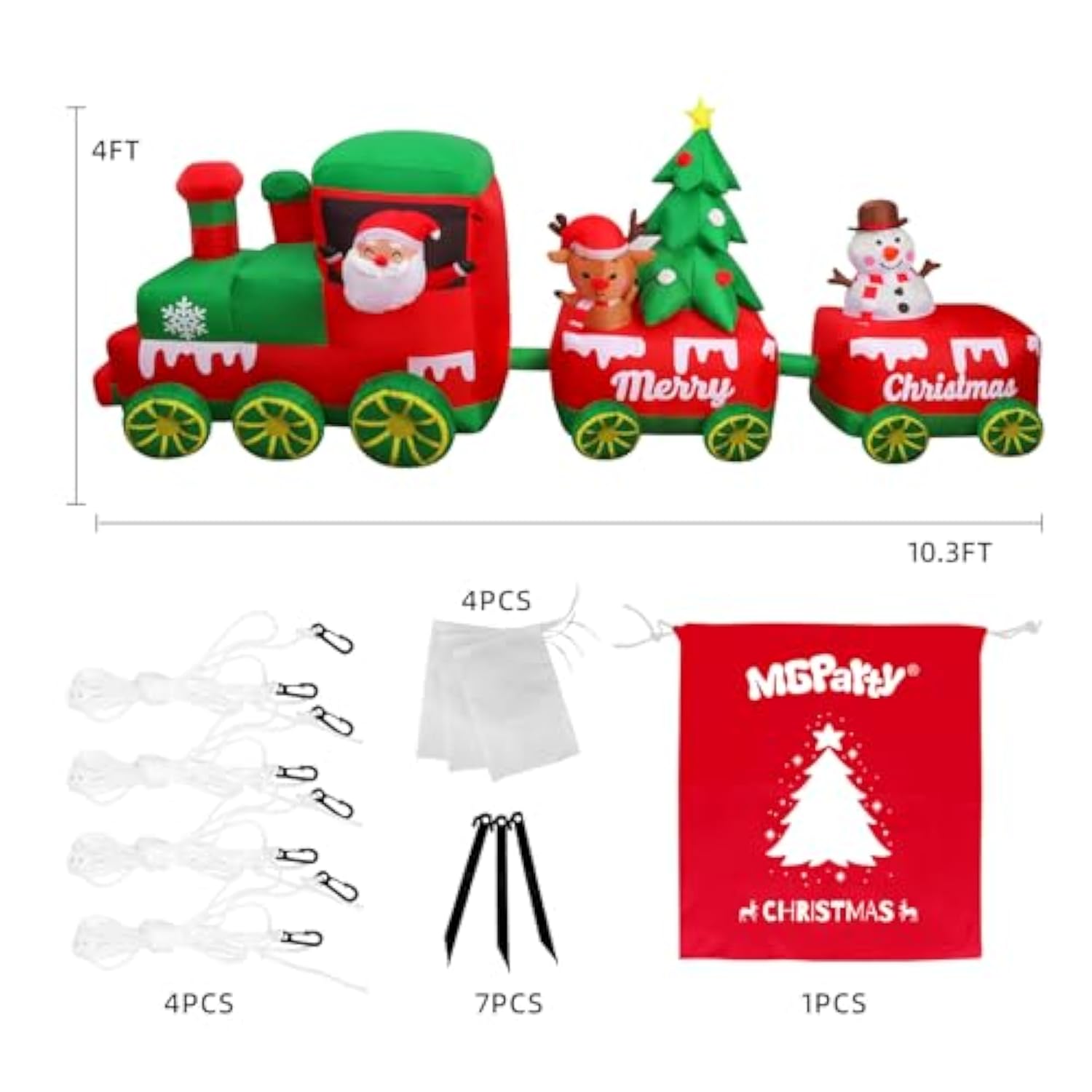 10.7 Ft Christmas Inflatables Train With Santa Claus Reindeer Snowman Christmas Tress Built-In Led Lights Blow Up Christ