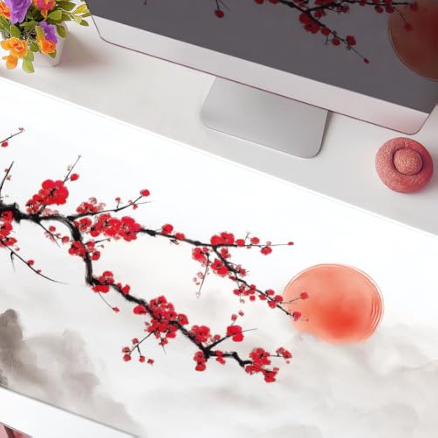 Large Cherry Blossom White Mouse Pad Non-Slip Big Extended Mousepad Waterproof Gaming Mouse Pad Oversized Keyboard Desk Protector For Home Office Laptop Desk 31.8" X 15.7"