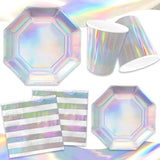 Iridescent Party Supplies - Disposable Paper Plates, Cups And Napkins, Ideal For Birthday, Mermaid Themed Events & Birthday Or Wedding Party Decoration - Serves 16