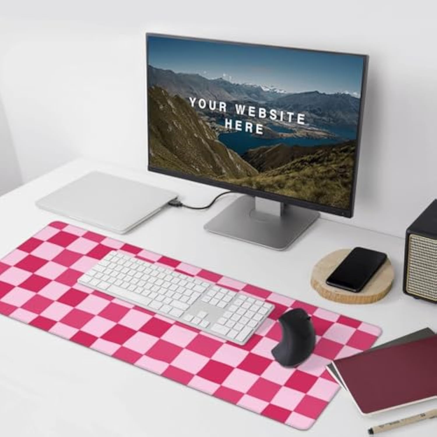 Pink Purple Checkerboard Mouse Pad Large Desk Mat For Keyboard And Mouse Non-Slip Gaming Mousepad Office Desk Accessories For Computer 35.4X15.7Inch
