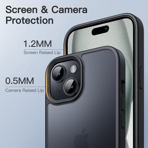 Matte Case for iPhone 15 6.1-Inch, Shockproof Military Grade Drop Protection, Frosted Translucent Back Phone Cover, Anti-Fingerprint (Black)