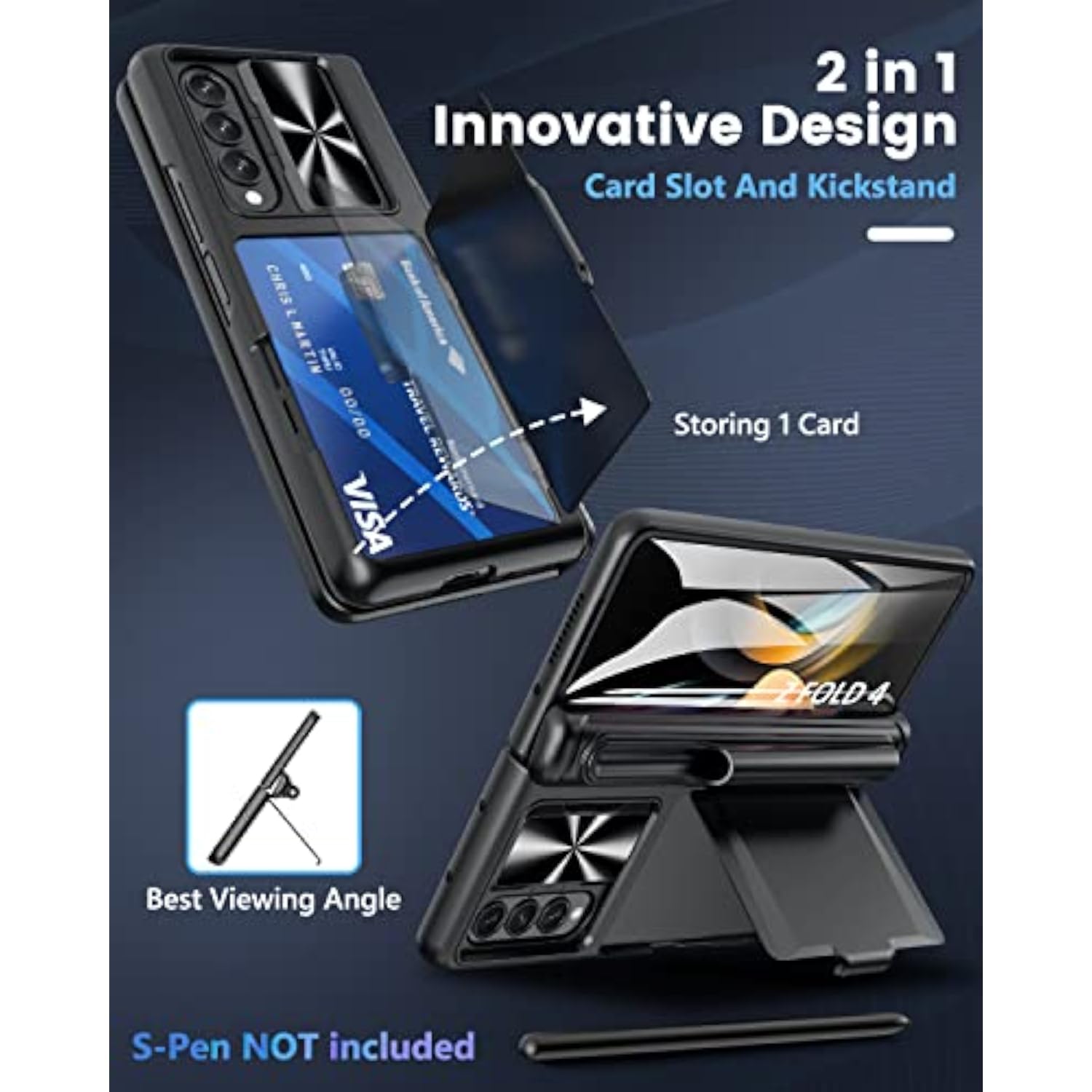 Galaxy Z Fold 4 Case with S Pen Holder & Card Holder & Hinge Protection, Built-in Screen Protector & Slide Camera Cover, Durable Wallet Phone Case for Samsung Z Fold 4 5G 2022 (Black)