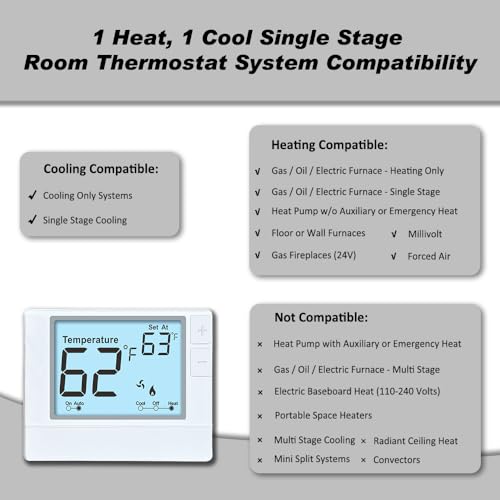 Non-Programmable Thermostat For Conventional Single-Stage Systems, 1 Heat/1 Cool, Easy Diy, White Backlight