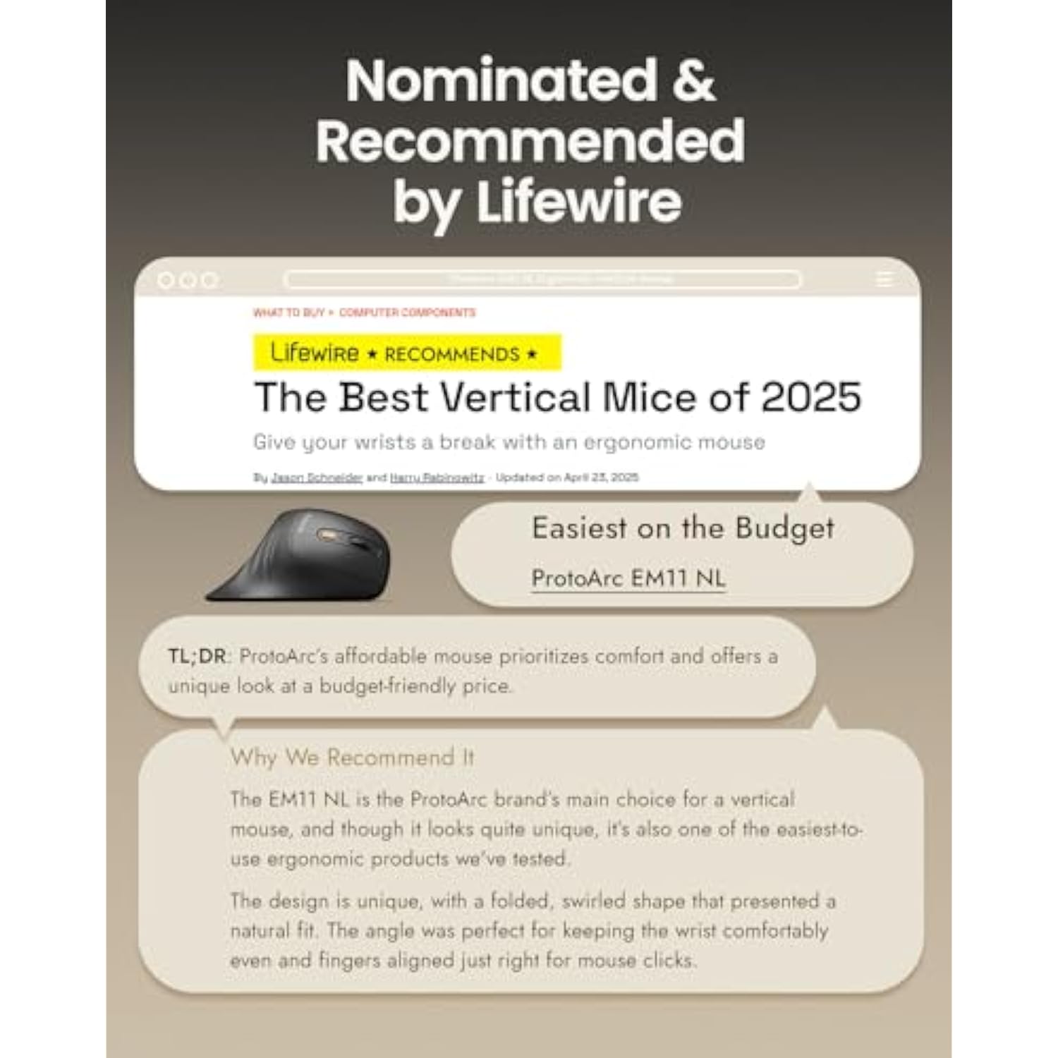 Ergonomic Mouse, Em11 Nl Bluetooth Rechargeable Wireless Vertical Mouse, 3 Multidevice Connectivity For Computer/Pc/Laptop, 2.4Ghz Optical Mice For Windows, Mac Os, Black