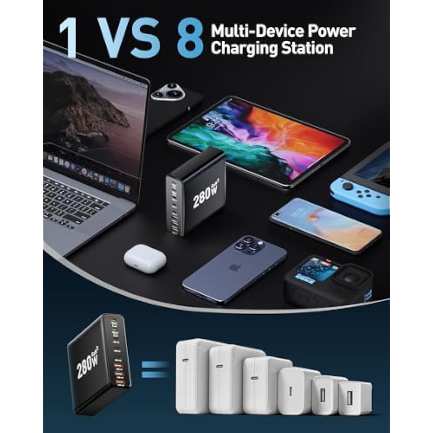 280W Usb C Charger Block, 8-Port Usb C Charging Station Gan Iii Pd 65W Laptop Charger Adapter Compatible With Macbookpro/Air,Dell,Ipad,Portable Charging Station For Iphone,Samsung Galaxy (Black)