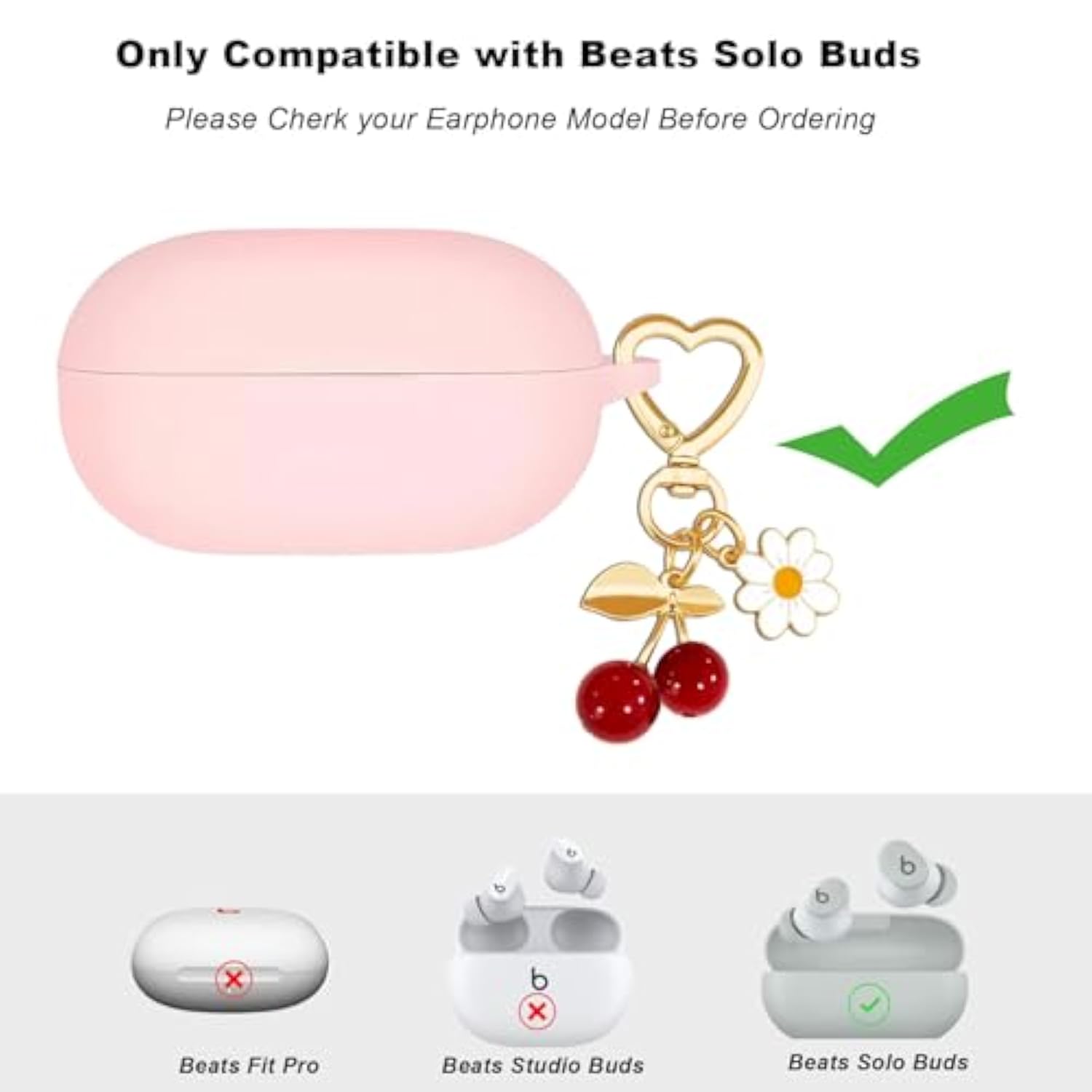 Protective Case For Beats Solo Buds Case Cover With Cute Cherry Charm Heart Keychain, Soft Silicone Daisy Key Chains Accessories For New Beats Solo Charging Case Earbuds For Women Men Pink