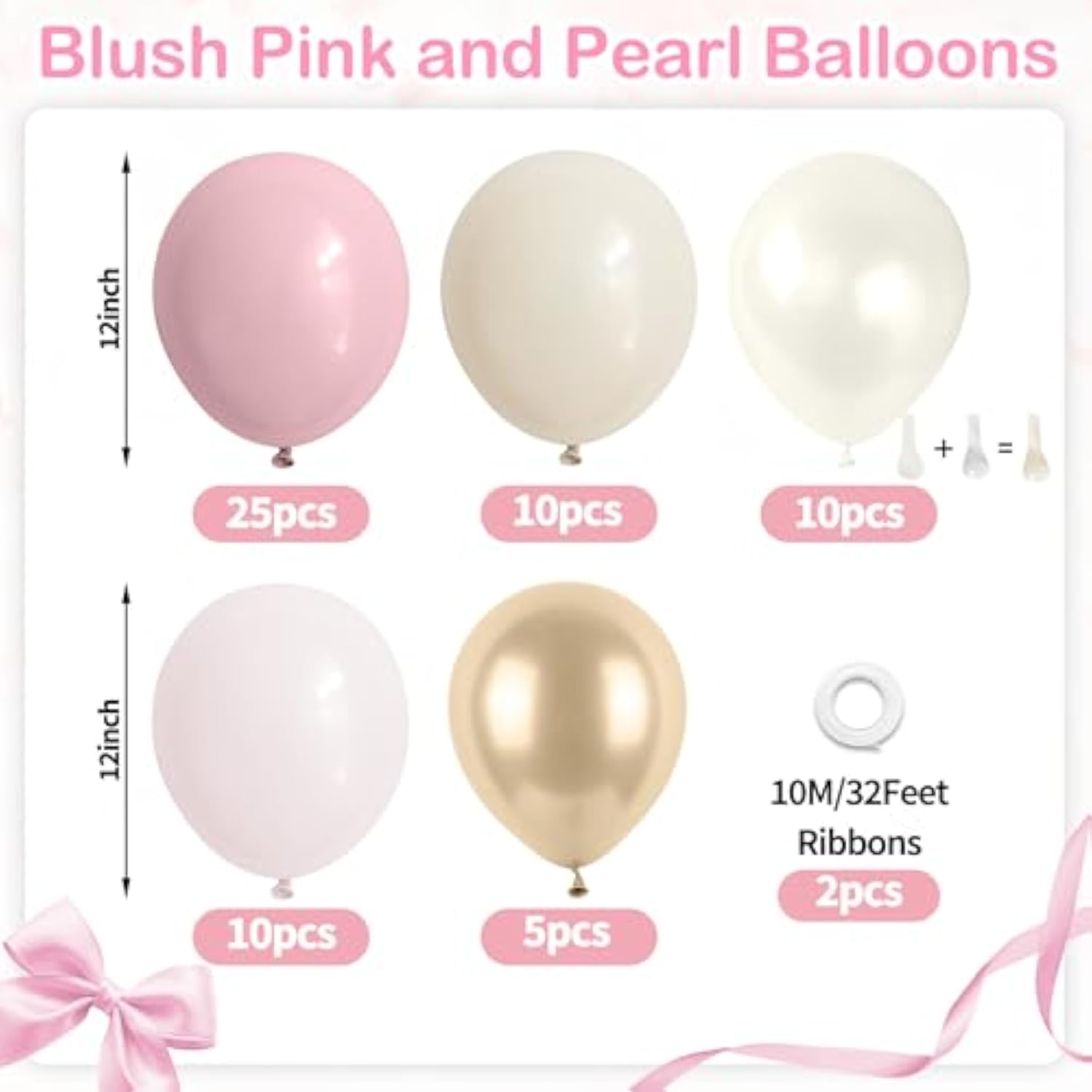 Dusty Pink And Gold Balloons, 60Pcs Double Stuffed Pearl White Blush Pink Balloon, 12 Inch Apricot Champagne Gold Balloons Helium For Women Girls Boho Birthday Wedding Bridal Shower Party Decorations