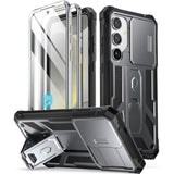 Spartan Case For Galaxy S24 6.2", [Slide Camera Cover] [Screen Protector Works With Fingerprint Id] Military Grade Rugged Shockproof S24 Phone Case With Kickstand, Metallic Gun Metal