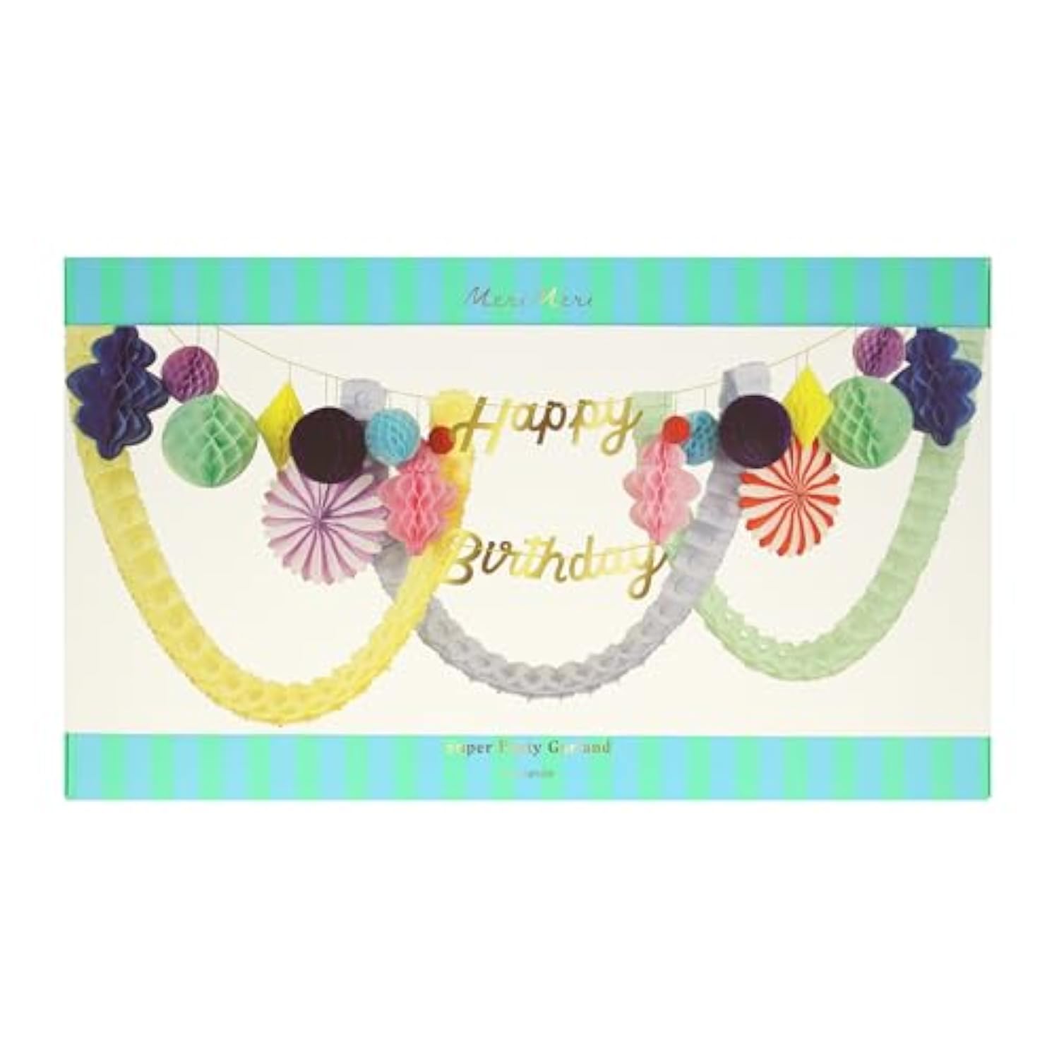 Meri Meri Honeycomb Happy Birthday Banner (Pack of 1), 2 Strands, 9' Birthday Party Garland (13' Including Excess Cord), Meri Meri Party Garland