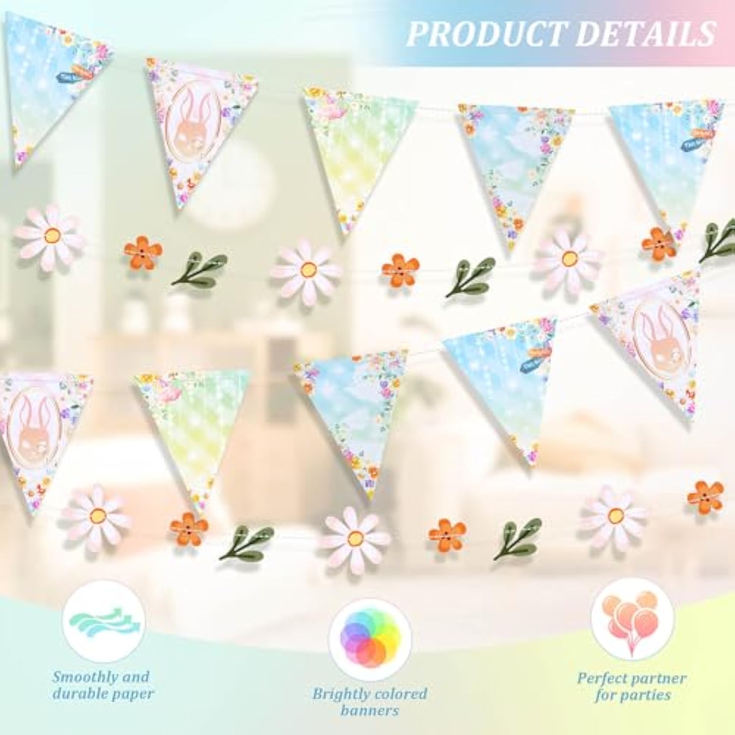 3Pcs Triangle Bunting Banner Garland, Spring Floral Flags Pennant Garlands, Reusable Paper Hanging Decorations, Carnival Theme Birthday Party Outdoor Events Decor Supplies