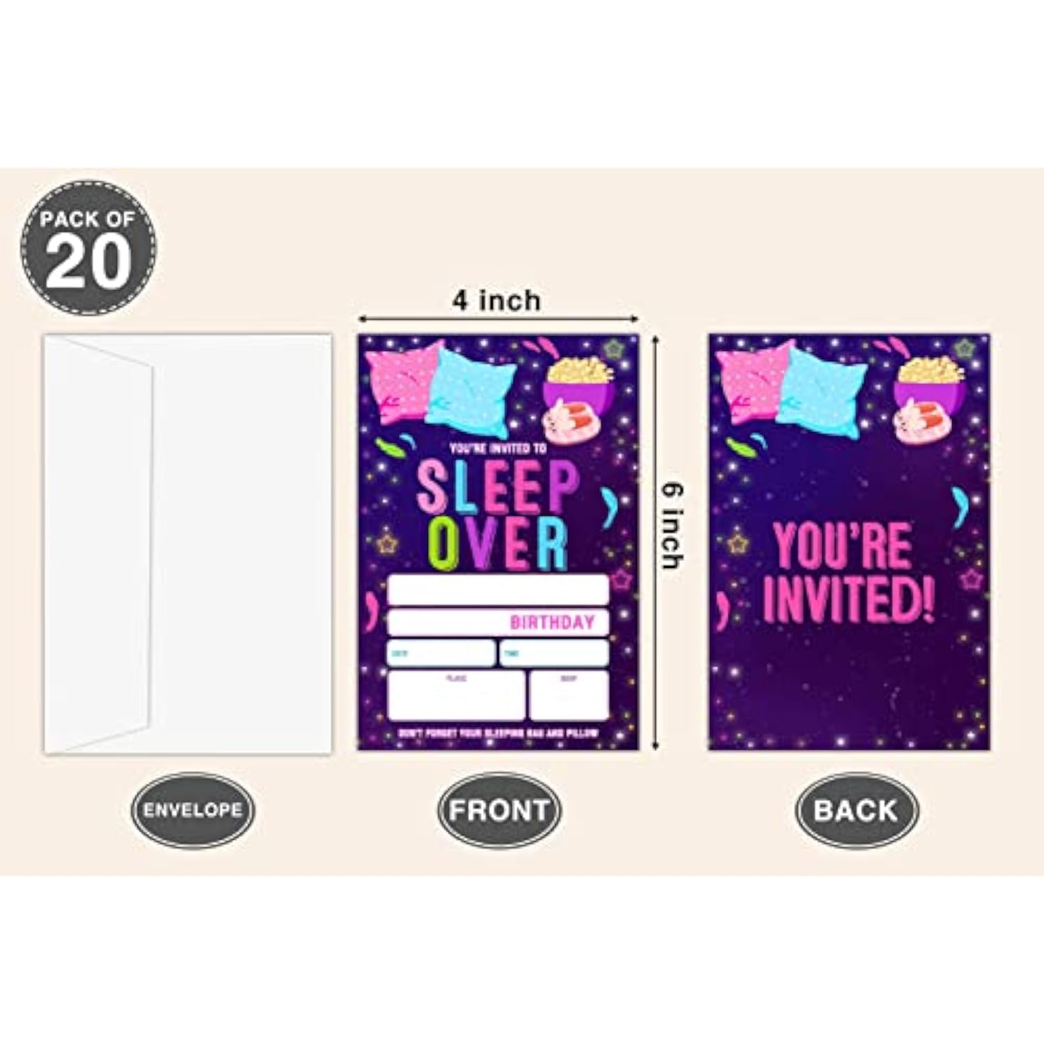 Sleepover Birthday Invitations For Girls Boys Kids, Fill In Party Invites, Decorations, Favors, 20 Invitations With Envelopes (B02)