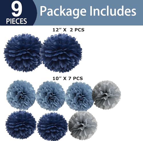 9-Pack Navy Dusty Blue Gray Tissue Paper Pom Poms Hanging Flowers