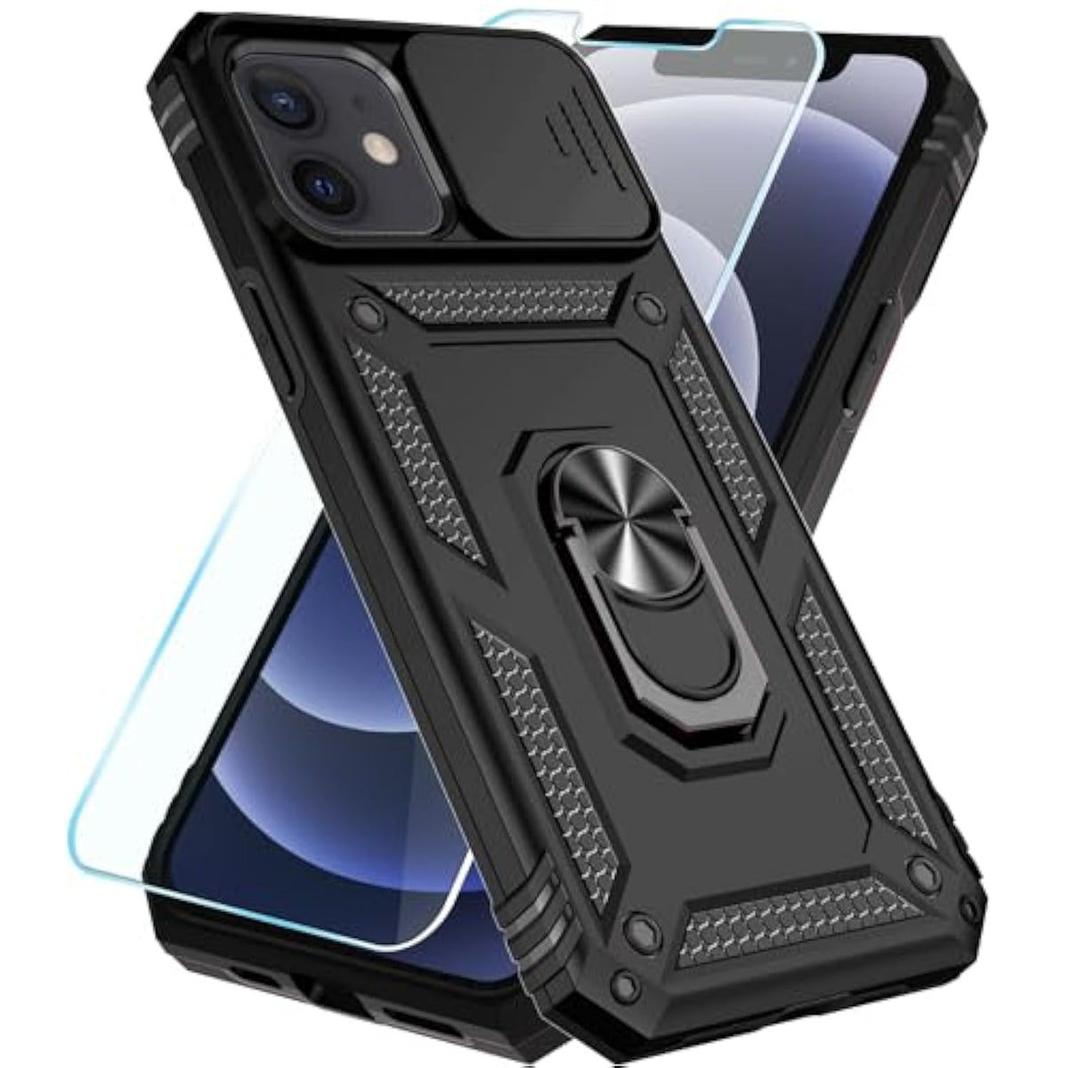 Compatible With Iphone 12 Case/Iphone 12 Pro Case With Hd Screen Protector & Slide Camera Cover & Rotated Ring Kickstand,[Military-Grade] Phone Case For Iphone 12/12 Pro ?Black?