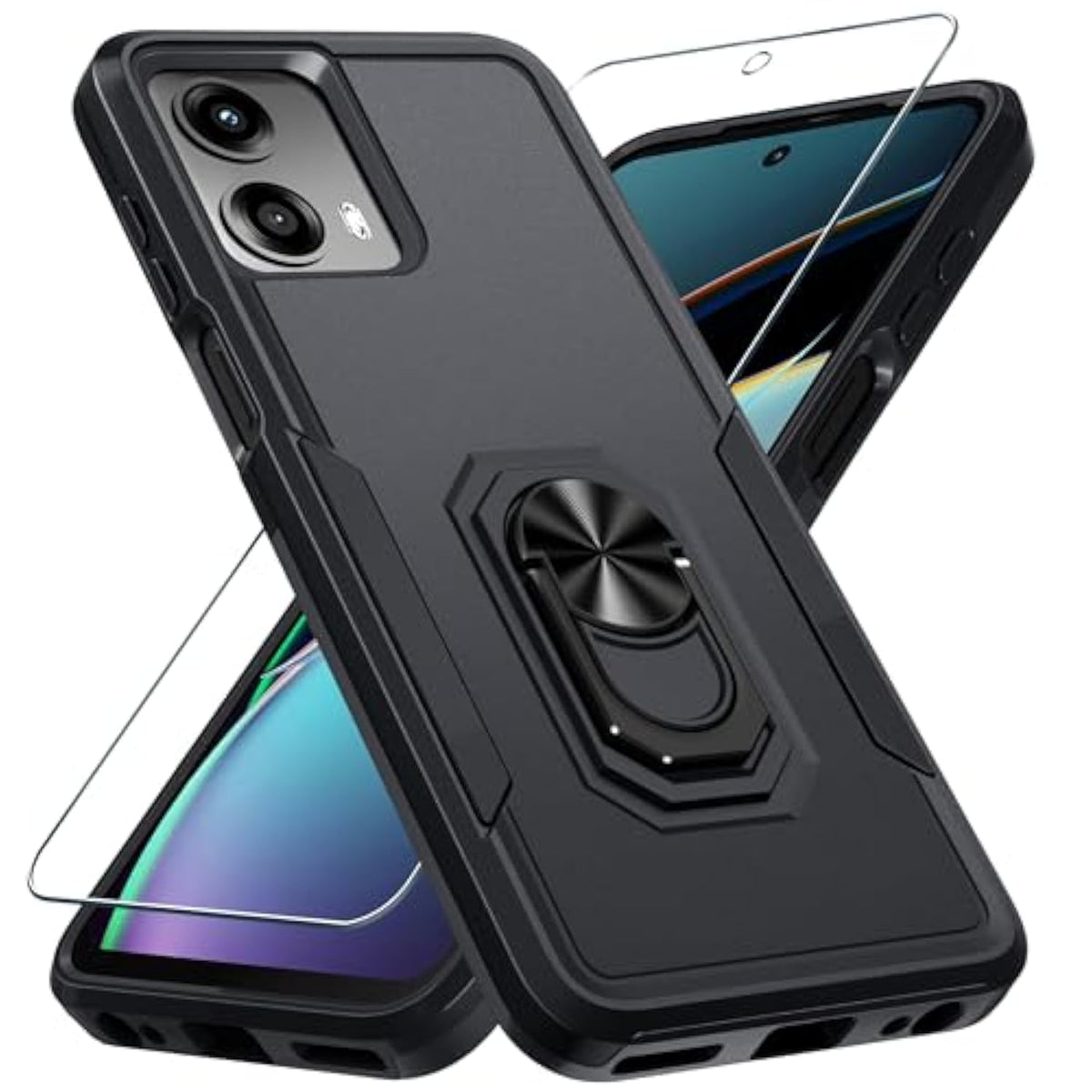 Compatible With Moto G 5G 2024 Case With Screen Protector,Heavy Duty Shockproof Full Body Protective Cover Built In Rotatable Metal Ring Holder Kickstand,Black Matte