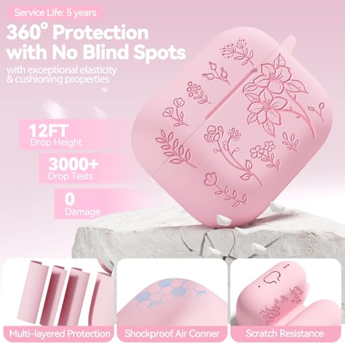for AirPods Pro 3 Case Pink, Flower Engraved Case with Cleaner Kit & Keychain for  AirPods Pro 3rd Generation 2025, Soft Silicone iPod 3 Cover
