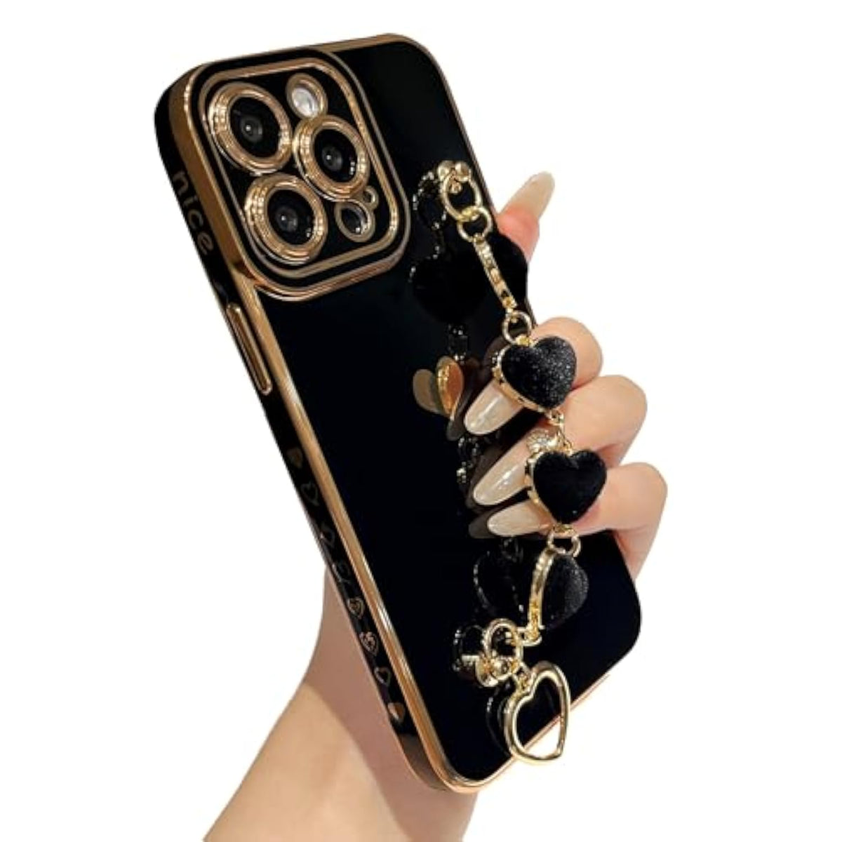 For Iphone 14 Pro Max Case,Cute Plating Love Heart Wrist Strap Chain Bracelet Phone Case (Black)