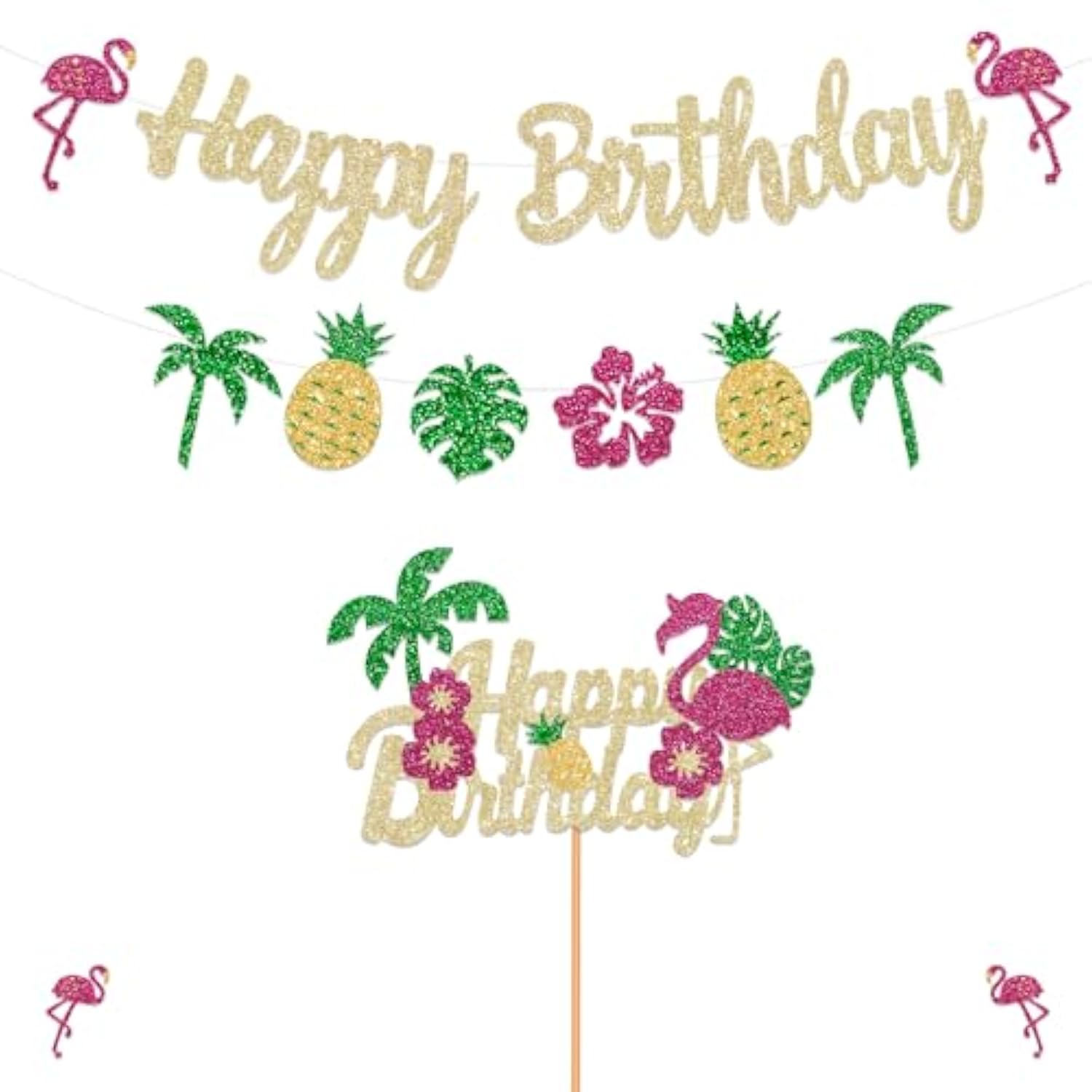 Glitter Tropical Happy Birthday Banner Luau Hawaiian Cake Toppers Flamingo Flower For Summer Birthday Party Decorations Theme Baby Shower Supplies