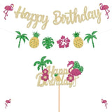 Glitter Tropical Happy Birthday Banner Luau Hawaiian Cake Toppers Flamingo Flower For Summer Birthday Party Decorations Theme Baby Shower Supplies