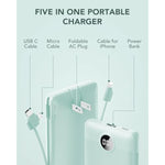 Portable Charger Built-In Cables And Ac Wall Plug, Usb C Power Bank 10000Mah, Travel Battery Portable Phone Charger Compact Lightweight External Battery Pack For Smart Phones, Tablets Etc-Green