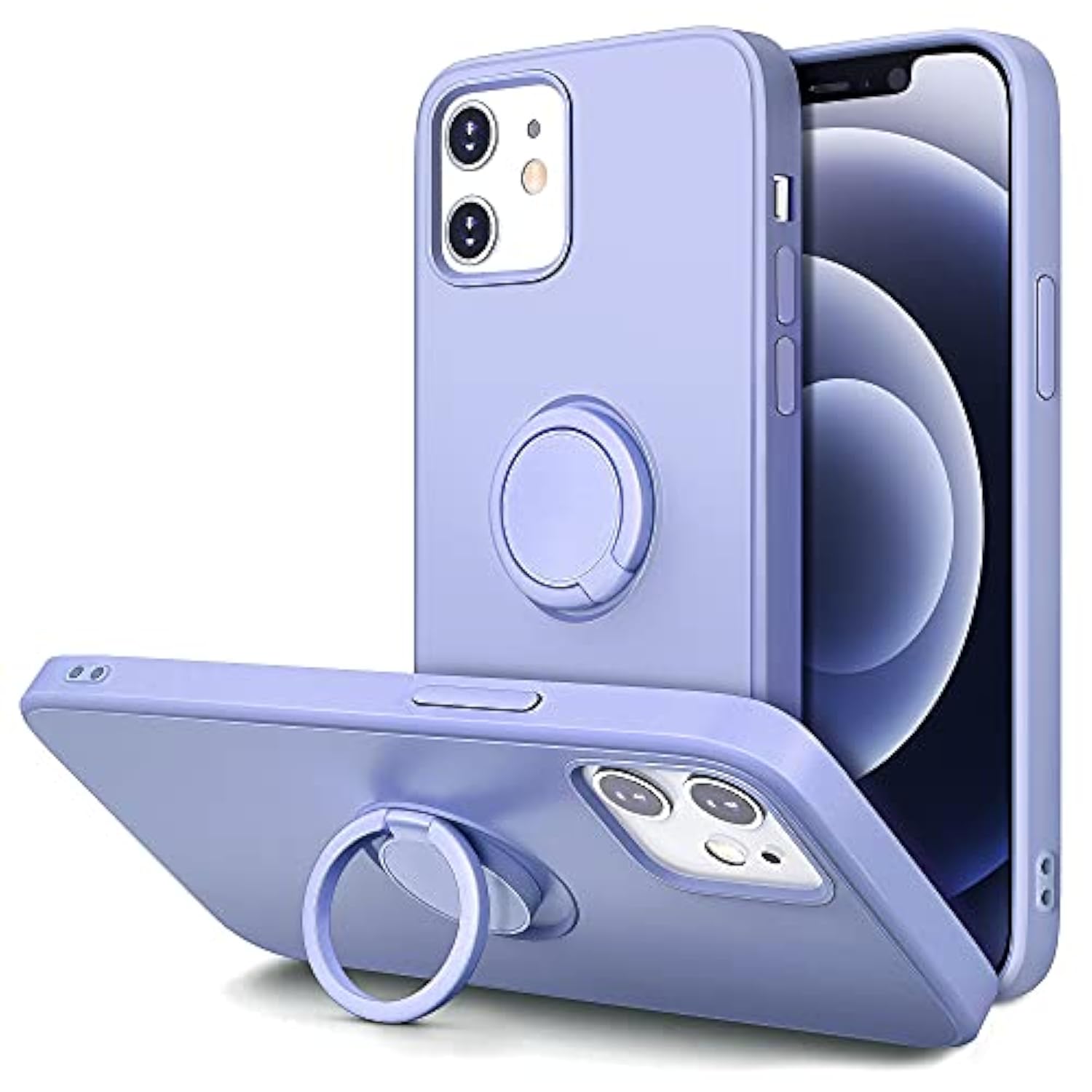 Case For Iphone 12 Case & Iphone 12 Pro Case With Ring Stand, 360° Rotatable Ring Holder Magnetic Kickstand, Shockproof Rubber Protective Phone Case Cover Inner Microfiber Lining, Light Purple