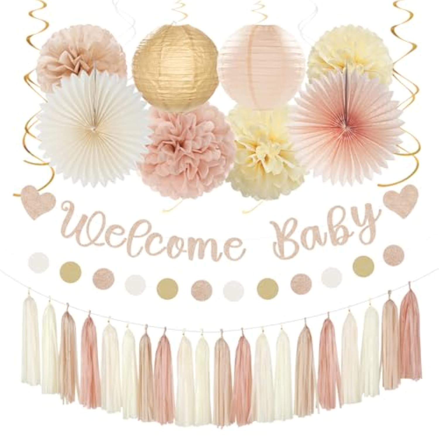 36 Pcs Champagne-Gold Baby Shower Kit Lanterns, Garland, Pom Poms & Banner