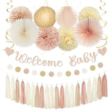 36 Pcs Champagne-Gold Baby Shower Kit Lanterns, Garland, Pom Poms & Banner