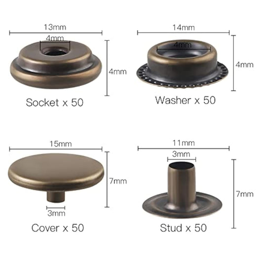 200 Pieces (50 Sets) 15Mm Leather Snap And Fastener Kit 5/8 Inches (15