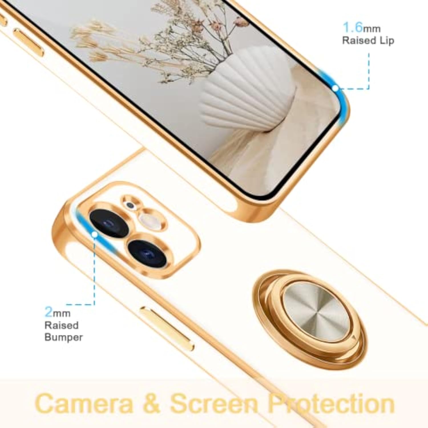 For 12 Case With 360° Rotatable Ring Holder Magnetic Kickstand, Shiny Plating Gold Edge, Slim Soft Tpu Shockproof Protective Cover For Women, Men, White
