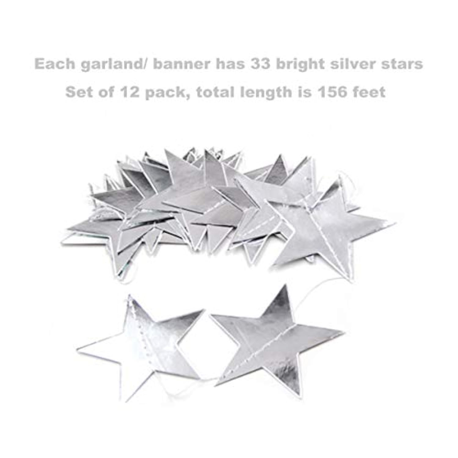 Silver Star Garland Banner Decorations - 156 Feet Bright Silver Paper Garland Hanging Decorations, Glitter Star Bunting Banner For Wedding, Birthday, Holiday, Christmas Party